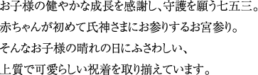 お子様の健やかな成長を感謝し、守護を願う七五三。赤ちゃんが初めて氏神さまにお参りするお宮参り。そんなお子様の晴れの日にふさわしい、上質で可愛らしい祝着を取り揃えています。